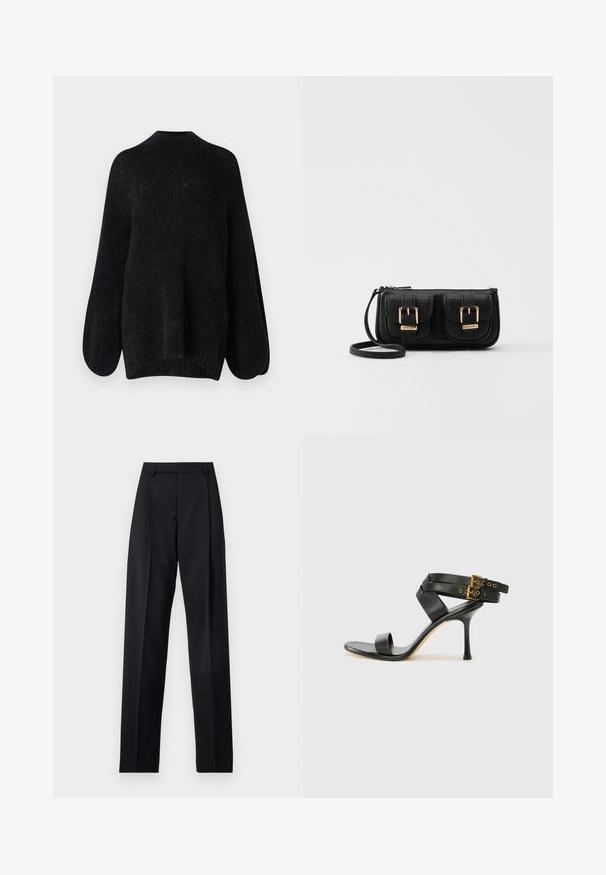 Musthave musta, kootud sviiter kõrge kraega, laiade ballonvarrukatega ja tekstuurse viimistlusega. Omab vabalt istuvat lõiget ja kitsenevat alumist serva.; Mustad püksid siledast kangast, millel on kõrge vöökoht, laiad jalad, esimesed kortsud ja klassikalised vööloopid. Küljepockets pole nähtavad.; Mustad mustand koos ristatud rihmade ja reguleeritava pandlaga. Omab siledat tekstuuri ja kitsenevat stiletto kontsa.; Must küllastamata nahast õlakott, millel on kaks esist nähtavat taskut, kuldsed pandlad, tõmblukuga sulgemine ja peen rihm. Tekstuuriga pind ja kompaktne ristkülikukujuline kuju.