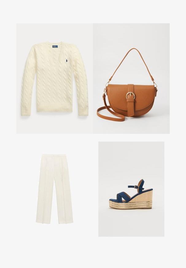 Krem pulover z v-izrezom iz pletene tkanine s dolgimi rokavi in modrim izvezenim logotipom Polo Ralph Lauren na prsih.; Hlače širokih nogavic v svetli kremni barvi. Narejene iz gladkega materiala s plitkimi naborki spredaj in stranskimi žepi.; Navy modri klinasti sandala s prečnimi trakovi, teksturirano naravno vlaknasto platformo in zlatim metalnim dekorativnim delom na dnu.; Rjava usnjena torbica prek telesa s ukrivljeno obliko, zlate opreme in sponko. Ima odstranljiv naramni trak.