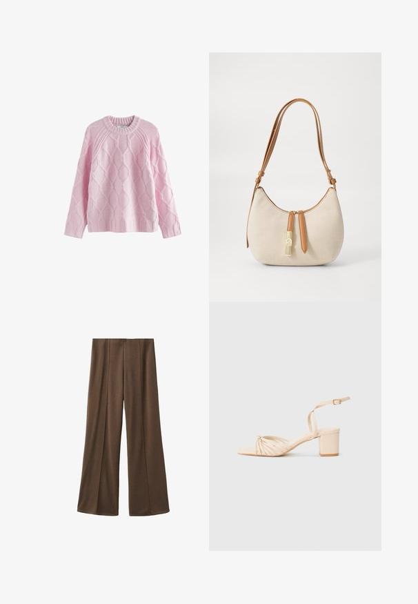 Rosa gestrickter Pullover mit einem strukturierten Diamantenmuster, Rundhalsausschnitt und gerippten Bündchen und Saum. Weicher Stoff mit einem warmen, leichten Gefühl.; Braune weite Hosen aus weichem Stoff, mit Falten an der Vorderseite und einem schlichten, nahtlosen Taillendesign.; Beige Riemensandalette mit quadratischer Zehenpartie, gedrehtem Vorderdesign, Knöchelriemen und Blockabsatz. Glatte Textur, minimalistischer Stil.; Beige Canvas Schultertasche mit einer gebogenen Form, braunen Lederakzenten, einem Reißverschlussverschluss und einem goldfarbenen Hardware-Detail.