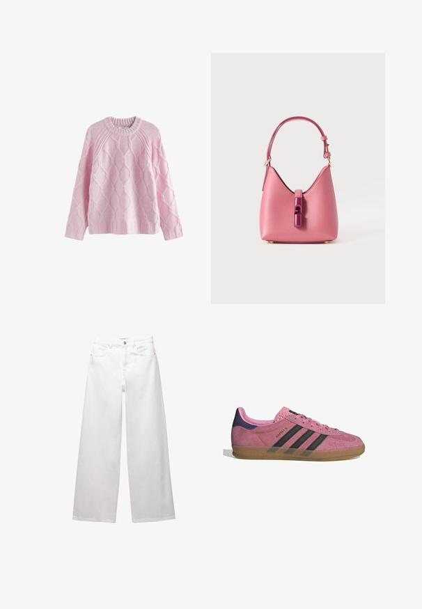 Maglione rosa lavorato a maglia con un motivo a rombi testurizzato, scollatura a girocollo e polsini e orlo a coste. Tessuto morbido con una sensazione calda e leggera.; Jeans bianchi a gamba larga realizzati in denim. Presentano chiusura con bottone, tasche anteriori e posteriori, e cuciture rinforzate. Tessuto liscio con dettagli minimi.; Sneaker in suede rosa con strisce nere, suola in gomma e tallone texturizzato viola. Presenta un design con lacci e un marchio in rilievo sul lato.; Borsa in pelle rosa con una forma strutturata, caratterizzata da una chiusura lucida e una sola tracolla regolabile. Finitura texturizzata con hardware dorato.