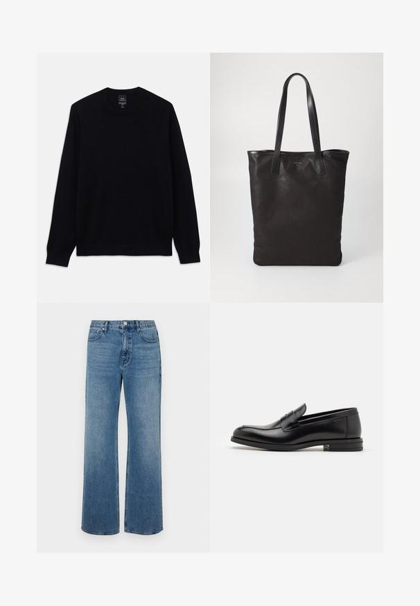 Schwarzer langärmeliger Rundhalspullover mit gerippten Bündchen und Saum, Armani Exchange-Label sichtbar am inneren Kragen.; Weite blaue Jeans aus Denim mit einem verblassten Finish. Verfügt über fünf Taschen, einen Frontknopfverschluss und einen geraden Schnitt.; Schwarze Lederloafers mit glatter Textur, rundem Zehenbereich und einem dekorativen Riemen über dem Vorderfuß. Niedriger, gestapelter Absatz, minimalistisches Design.; Schwarze Stofftote mit schwarzen Ledergriffen. Einfaches Design, geräumiger Körper und glatte Textur. Keine sichtbaren Logos oder Muster.