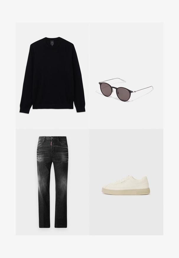 Musta pitkähihaine crewneck-neule, jossa on ribbireunat hihoissa ja helmassa, Armani Exchange -merkki näkyvissä sisäkauluksessa.; Mustat denimfarkut suoralla istuvuudella. Ominaisuuksiin kuuluu haalistuneita alueita, pieniä kulumia, klassinen viiden taskun malli sekä nappisulku.; Valkoiset kangastennarit, joissa on tekstuurilla varustettu kumipohja, ommeltu varvastuppi ja logo-aksentti kantapäässä. Yksinkertainen nauhakiinnitys.; Musta pyöreä aurinkolasit tummilla linsseillä ja kapeilla metallikehyksillä. Sisältää kirkkaat temppelet ja hopeiset yksityiskohdat saranassa. Minimalistinen muotoilu.