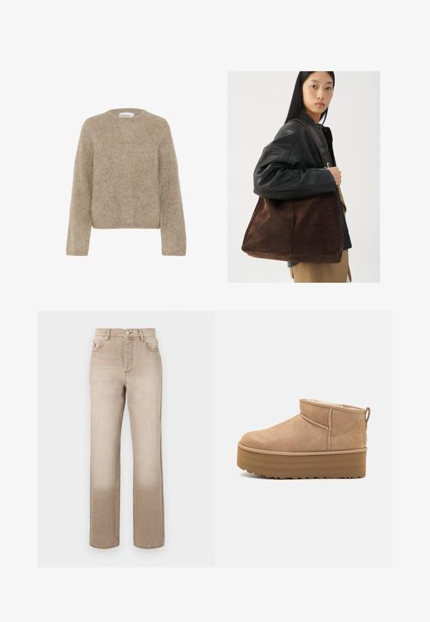 Maglione marrone, peloso, realizzato in materiale morbido, con scollatura rotonda e maniche lunghe. Design semplice e corto senza motivi o accenti visibili.; Jeans in denim beige con un effetto leggermente sbiadito, design a gamba dritta, stile a cinque tasche e chiusura con bottone metallico in vita.; Stivaletti alla caviglia in suede beige con un interno morbido, dotati di suola platform e di una linguetta sul retro per una facile indossabilità. Suola in gomma texturizzata.; Borsa tote in suede marrone con forma ampia e texture morbida, caratterizzata da una strap singola e hardware minimale su uno sfondo neutro.