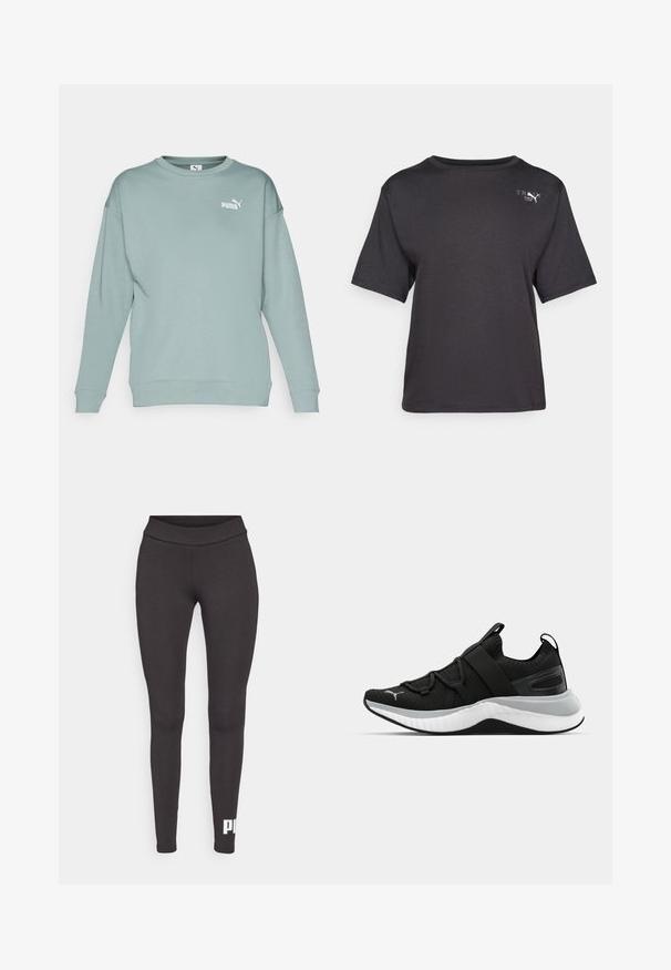 Světlounce zelená mikina s dlouhými rukávy, kulatým výstřihem a malým bílým logem Puma v horním levém rohu. Vyrobena z měkké, hladké tkaniny.; Černé tričko s krátkým rukávem vyrobené z jemné látky, s kulatým výstřihem a malým logem na levém horním boku.; Černé legíny vyrobené z elastického materiálu, s vysokým pasem a bílým logem potisknutým na dolní části levé nohy. Hladká textury.; Černá sportovní bota s texturovaným svrškem, elastickými pásky a silnou bílou mezipodešví. Obsahuje šedý akcent podél podešve.