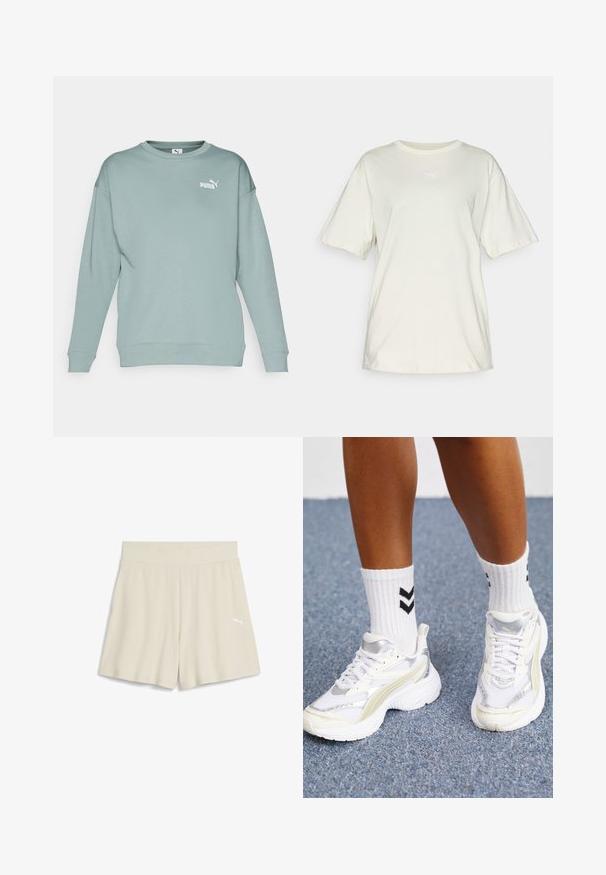 Svetlosivý zelený mikina s dlhými rukávmi, okrúhlym výstrihom a malým bielym logom Puma na hornej ľavej strane. Vyrobený z mäkkého, hladkého materiálu.; Svetlo béžové bavlnené tričko s krátkymi rukávmi, okrúhlym výstrihom a malým bielym logom Puma umiestneným v strede hrude. Mäkko, ležérny strih.; Bežové rebrované športové šortky so širokým pásom a malým bielym logom na prednej ľavej strane, s voľným strihom.; Biele tenisky so striebornými akcentmi, z sieťovinového materiálu a s robustným dizajnom. V kombinácii s bielymi ponožkami s čiernymi chevron vzormi.