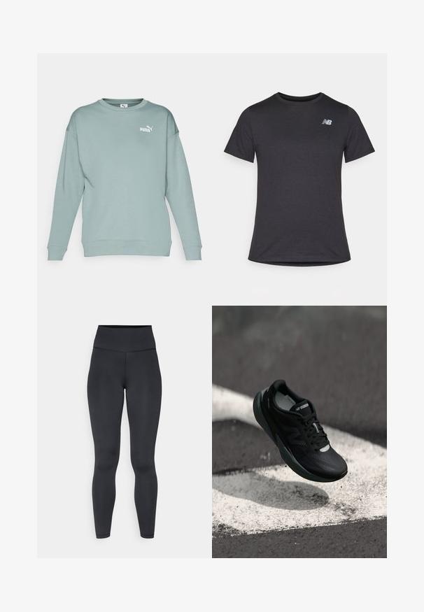 Heled roheline sviiter pika varrukaga, ümmarguse kaelusega ja väike valge Puma logo vasakul ülal. Valmistatud pehmest ja siledast kangast.; Must beebi särk, millel on lühikesed varrukad ja pehme kangas, ülaosas vasakul rinnal on väike hall New Balance'i logo, klassikaline ümar kaelus.; Kõrge vöökohaga mustad retuusid, mis on valmistatud venivast materjalist, omavad siledat tekstuuri ja lähedalt liibuvat disaini, koos minimaalsete õmbluse detailidega.; Mustmustööd mustad jooksujalatsid tekstureeritud pealsed, sujuv disain ja helendavad aktsendid. Omab pehmet, polsterdatud tallat, mis tagab mugavuse.