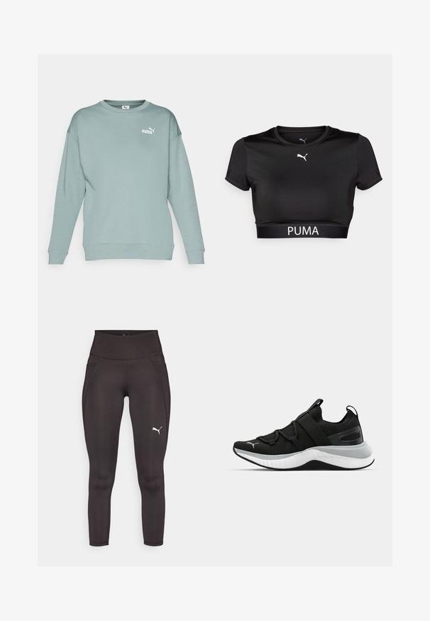 Lys grønn genser med lange ermer, rund hals og en liten hvit Puma-logo øverst til venstre. Laget av myk, glatt stoff.; Svart cropped t-skjorte laget av glatt stoff, med rund hals, korte ermer, og et hvitt PUMA-logo på båndet.; Sorte atletiske leggings laget av et elastisk materiale med høy midje, med sidelommer og en hvit logo på venstre ben.; Sorte treningssko med en teksturert overdel, elastiske stropper og en tykk hvit mellomsåle. Har en grå aksent langs sålen.
