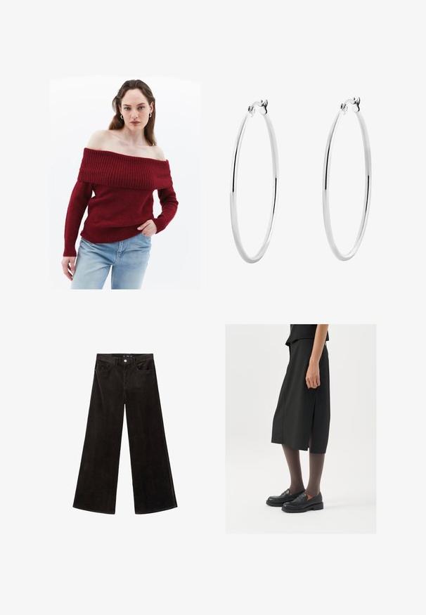 OXXO SOFT TOUCH - Stickad tröja - rio red; Svart corduroy vidbyxor med hög midja, framfickor och en texturerad tyg, med knäppning och bälteshällor.; Svart knälång kjol med sidoklyv, kombinerad med svarta loafers och genomskinliga bruna strumpbyxor, med en slät textil och enkel design.; Silverörhängen med en slät, polerad yta och en tunn, cirkulär form. Designen har en säker låsning.