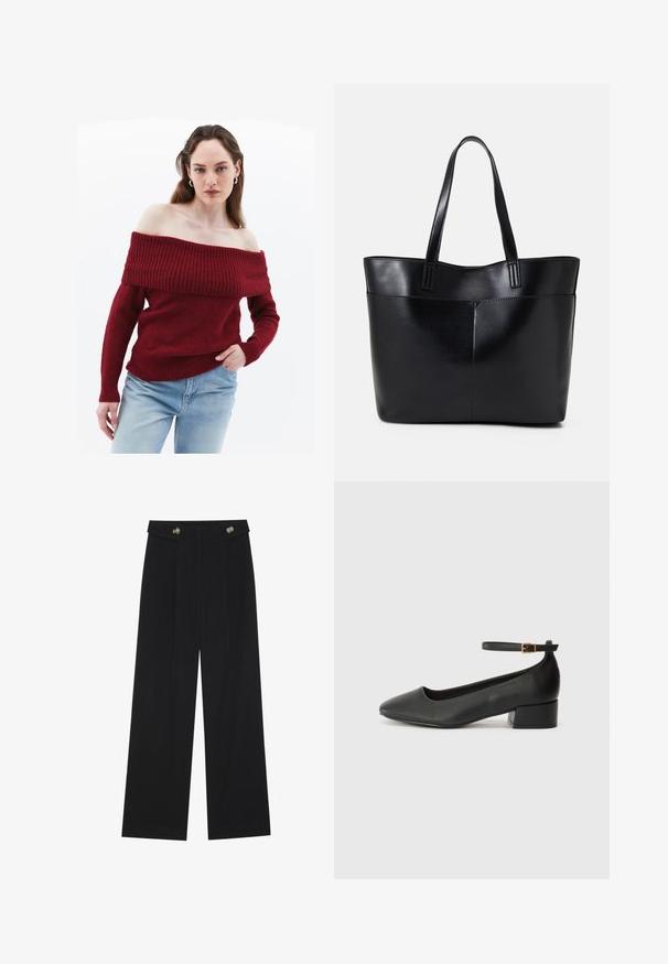 OXXO SOFT TOUCH - Strickpullover - rio red; Schwarze weite Hosen mit hoher Taille, Knopfdetails am Bund und vorderen Falten.; Schwarze Lederpumps mit spitzem Zehenbereich und niedrigem Blockabsatz. Mit einem Knöchelriemen und einer goldfarbenen Schnalle. Glatte Textur.; Schwarze Leder-Shopper-Tasche mit zwei langen Griffen, einer glatten Textur und einer strukturierten Form. Verfügt über eine Vordertasche für zusätzlichen Stauraum.