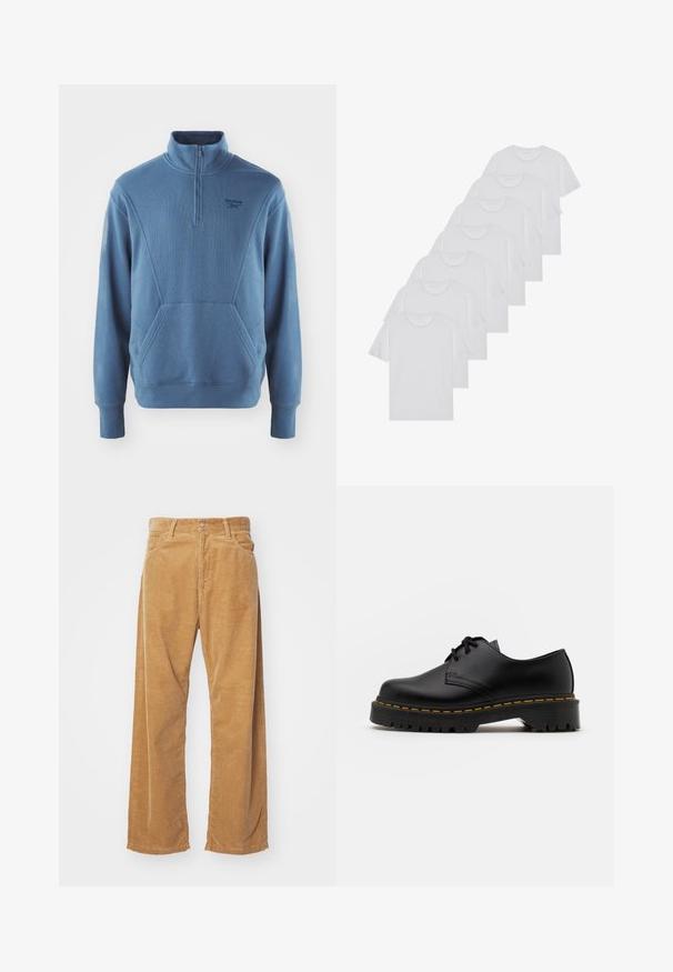 Felpa blu Reebok con zip a quarti, polsini a coste e tasca kangaroo. Realizzata in un morbido tessuto testurizzato con un branding sottile.; T-shirt bianchi in cotone, maniche corte, design a collo tondo, texture liscia, impilati in fila, con un sottile marchio all'altezza del collo.; Pantaloni a gamba larga in corduroy di colore beige. Presentano righe verticali testurizzate, una vita standard e due tasche frontali.; Scarpa nera in pelle con lacci, punta arrotondata, suola in gomma texturizzata e cuciture gialle attorno alla base. Design piatto e finitura liscia.