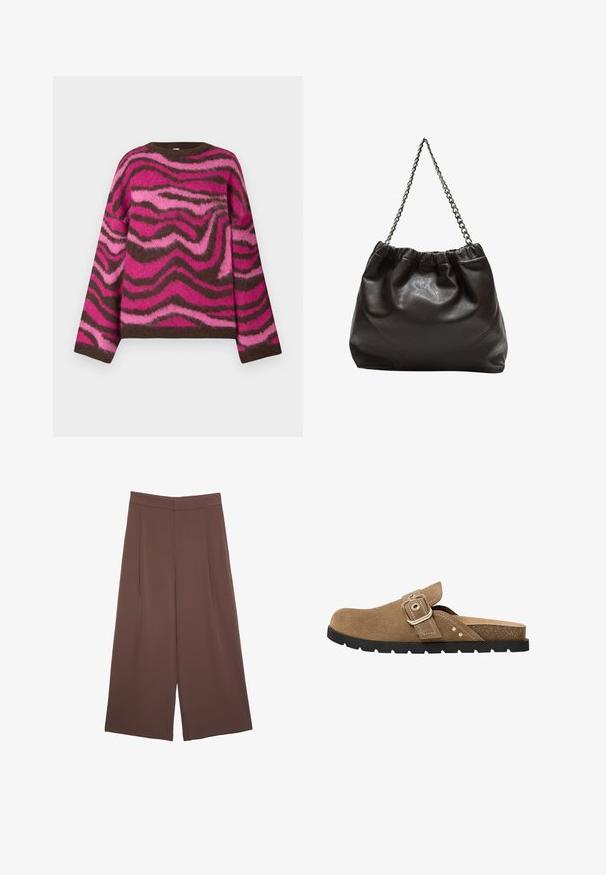Gebreide trui met ronde hals en lange mouwen in bruin, felroze en lichtroze met een zwierend zebra-achtig patroon.; Bruine wijde broek met een gladde textuur, voorzien van een hoge taille en plooien aan de voorkant. De stof is lichtgewicht en valt losjes.; Bruine suède instapsandalen met een ronde neus, verstelbare gesp en een textuur in de binnenzool. Heeft een zwarte rubberen zool met ribbels.; Bruine leren tas met een geplooide bovenkant en een kettinghengsel. Glad textuur met een glanzende afwerking en subtiele naaddetails aan de zijkanten.