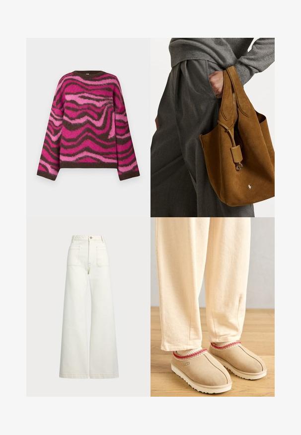 Pletený sveter s okrúhlym výstrihom a dlhými rukávmi v hnedej, žiarivo ružovej a svetlorožovej farbe so vzorom pripomínajúcim zebru.; Džínsy s širšími nohavicami v off-white denim. Vysoký pás s gombíkovým zapínaním, dve predné vrecká a kontrastné švy.; Hnedé semišové klompy s červeným dekoratívnym lemom a bielou gumovou podrážkou, skombinované s svetlobéžovými nohavicami, umiestnené na drevenej podlahe.; Hnedá semišová taška s okrúhlym tvarom, dvojitými uchami a kovovým detailom. Na prednej strane je malá značka.
