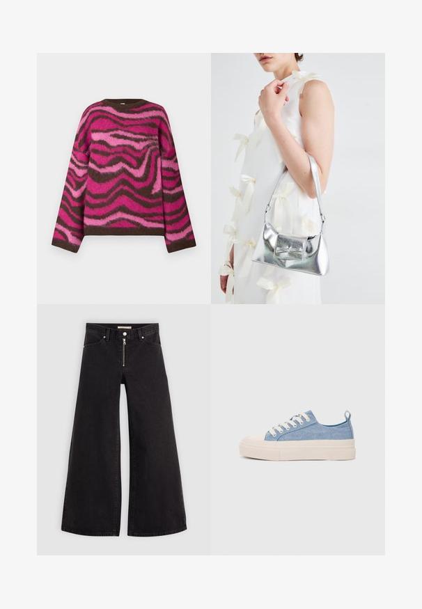 Pull en maille à col rond avec manches longues, arborant un motif zébré tourbillonnant en marron, rose vif et rose pâle.; Jean large en denim noir avec une fermeture éclair à l'avant, un design à cinq poches et des détails de couture subtils. Texture lisse et style décontracté.; Baskets en toile bleu clair avec une coque en caoutchouc crème et une semelle extérieure, dotées de lacets blancs et d'une languette au talon.; Sac à main métallisé argenté au design structuré, avec une poignée supérieure et un détail en nœud sur le devant. Texture lisse, fini réfléchissant.