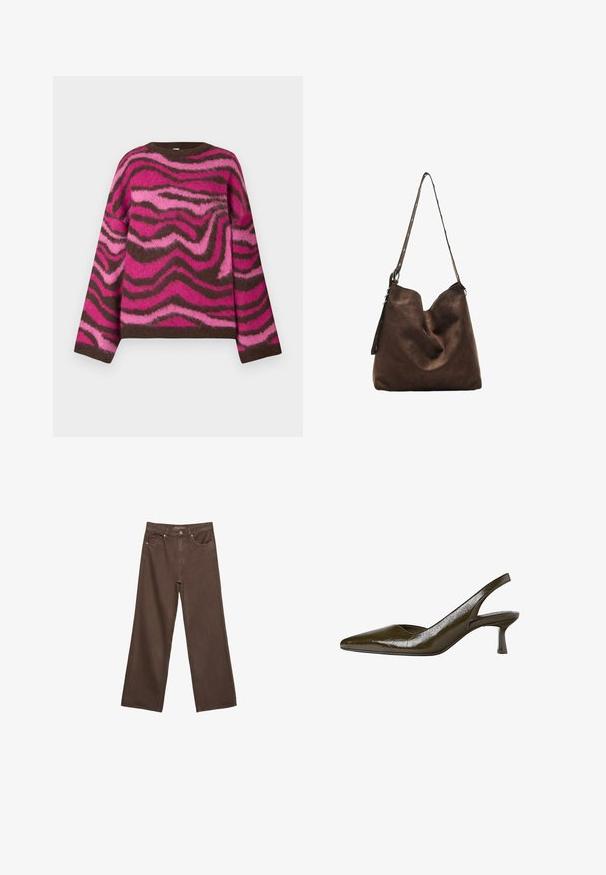 Pull en maille à col rond avec manches longues, arborant un motif zébré tourbillonnant en marron, rose vif et rose pâle.; Jean brown à jambes larges en denim, doté d'une taille haute, de poches avant et d'une fermeture à bouton classique. Texture lisse avec des coutures subtiles.; Mocassins à talon slingback vert olive avec un bout pointu et un talon bas et fin. Texture brillante avec une finition légèrement froissée.; Sac hobo en suède marron avec un haut courbé, une longue bandoulière avec des accents de points, et une texture douce. Présente un design décontracté pour une utilisation informelle.
