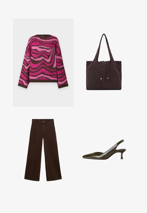 Maglione a girocollo lavorato a maglia con maniche lunghe, con motivo a spirale di zebra nei colori marrone, rosa acceso e rosa chiaro.; Pantaloni larghi marroni in misto cotone, caratterizzati da orlo sfrangiato, chiusura frontale con bottone e classico design a cinque tasche. Minimalisti e versatili.; Pump slingback verde oliva con punta affusolata e tacco basso e sottile. Texture lucida con una finitura leggermente crinkled.; Mango Shopping bag - dark brown