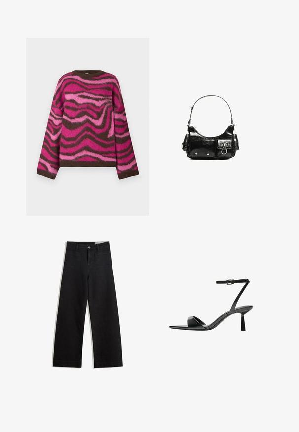 Neulottu pyöreäkauluksinen paita pitkillä hihoilla, jossa on ruskea, kirkkaan pinkki ja vaaleanpunainen, zebraa muistuttava kiemurteleva kuvio.; Mustat leveät farkut korkealla vyötäröllä, joissa on etu- ja takataskut, ommellut saumat ja nappisuljenta. Silkinoinen rakenne.; Bershka Korolliset sandaalit - black; Mustekko mustasta kiiltonahasta valmistettu käsilaukku, jossa on kaareva muoto, yksi olkahihna, etutaskut ja hopeanväriset yksityiskohdat.