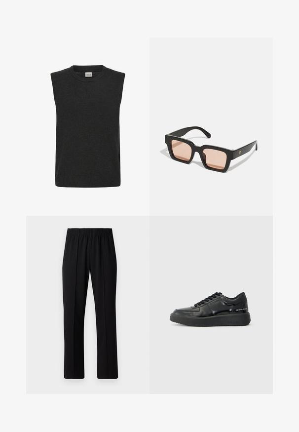 Pull en tricot sans manches gris foncé, avec un col rond et une texture douce. Design simple sans motifs ou accents visibles.; Pantalons noirs à taille élastique avec une coupe droite, présentant une texture lisse et sans motifs ni éléments visibles.; Sneakers en cuir noir avec une finition lisse, bout rond et semelle en caoutchouc noir contrastante. Comprend des lacets plats et un logo sur le côté.; Lunettes de soleil en plastique noir avec des montures rectangulaires et des verres teintés rose clair. Présente un logo en accent sur le côté.