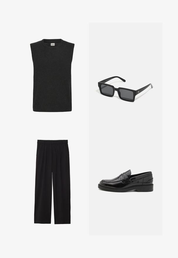 Bez piedurknēm adīta džemperis tumši pelēkā krāsā, ar apaļu izgriezumu un mīkstu tekstūru. Vienkāršs dizains bez redzamām rakstām vai akcentiem.; Melni platbagāžnieki ar plecu priekšpusi, sānu kabatām un gludu auduma tekstūru. Izstrādāti brīvai piegulšanai.; Melnas ādas loafers ar gludu apdari, noapaļotu purngalu, zemu papēdi un dekoratīvo izšuvumu gar priekšējo daļu. Gumijas outsole labai saķerei.; Melni taisnstūra saulesbrilles ar tumšiem lēcām; izgatavotas no plastmasas, ar gludu apdari, bieziem rāmjiem un diskrētu zīmolu uz sāniem.