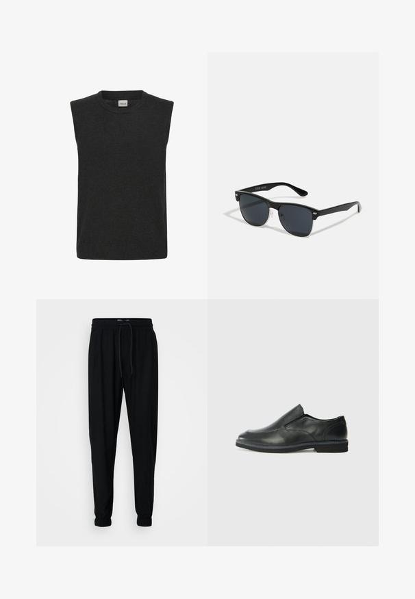 Juodas be rankovių megztinis su apvalia iškirpte ir švelnia tekstūra. Paprastas dizainas be matomų raštų ar akcentų.; Juodi sportiniai džinsai, pagaminti iš minkštos medžiagos, su elastinga juosta, raišteliu ir elastiniais rankogaliais pėdų srityje, užtikrinantys siaurą prigludimą.; Juodai odiniai įtvirtinimo batai su lygiu paviršiumi, siuvinėjimo akcentais, apvalia nosimi ir žemu guminiu kulnu. Pado raštas minimalus.; Juodos saulės akinių su stačiakampiu rėmeliu, tamsiais lęšiais, sidabrinėmis detalėmis šventrajose ir matinio paviršiaus rėmeliu.