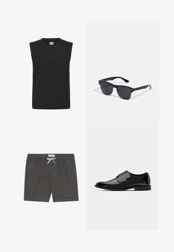 Utenermet strikkegenser i mørkegrå, med rund hals og myk tekstur. Enkelt design uten synlige mønstre eller detaljer.; Grå svømmebukser laget av myk stoff, med elastisk midjebånd og hvit snor, sømdetaljer og sidelommer.; Svart lakkskinn dressko med rund tå, snøring og glatt, blank overflate. Den har en lav, gummisåle.; Sorte solbriller med rektangulær form, mørke linser, sølvfargede detaljer ved templene, og en matt finish på rammen.