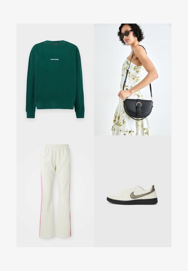Grønn hettegenser laget av bomull, med rund hals, ribbestrikkede ermer og en hvit "PEGADOR"-logo over brystet.; Lys beige bukser med elastisk linning, med rosa sidepaneler og sidelommer. Glatt tekstur med rett ben-design.; Nike Sportswear FIELD GENERAL - Joggesko - off-white/black; Svart lærveske med en buet form, avtagbar stropp og gullbeslag. Vesken har et klaff med spenne-detall.