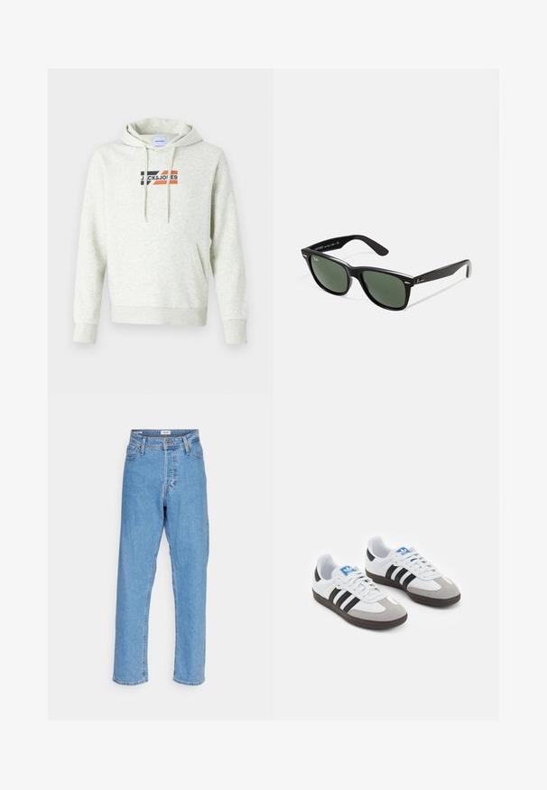 Svetlo siva kapuca s prednjim žepom, kapuljačom sa vezicama i otisnutim "JACK & JONES" logotipom s crnim, narančastim i crvenim akcentima.; Svijetloplave traperice visokog struka sa ravnim nogavicama, prednjim dugmetom, zatvaranjem na patentni zatvarač, petljama za remen i dizajnom s pet džepova na bijeloj pozadini.; Športni čevlji z belim usnjenim zgornjim delom, sivim semišem na prstih in tremi črnimi črtami. Imajo modro logo na jeziku in teksturiran gumijast podplat.; Črne plastične sončna očala z zelenimi lečami, kvadratni okvirji, srebrni detajl na obrvi in teksturirani ročaji. Blagovna znamka navedena na notranji strani ročaja.
