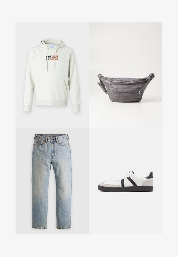 Light gray hoodie with a front pocket, drawstring hood, and printed "JACK & JONES" logo featuring black, orange, and red accents.; Light blue denim jeans with high waist, front button, zipper, and five-pocket design, laid flat on a neutral background.; White sneaker with black and gray accents, featuring a textured gray toe cap, black rubber sole, and flat white laces. Clean design, minimalist style.; Gray suede fanny pack with a rounded shape, two zippered compartments, and adjustable strap. Features metal hardware accents.
