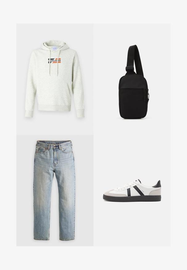 Lichtgrijze hoodie met een voorzak, capuchon met trekkoord en een geprinte "JACK & JONES" logo met zwarte, oranje en rode accenten.; Lichtblauwe denim jeans met hoge taille, frontknop, rits en vijfzakkenontwerp, plat gelegd op een neutrale achtergrond.; Witte sneaker met zwarte en grijze accenten, voorzien van een grijze neus met textuur, zwarte rubberen zool en platte witte veters. Schoon ontwerp, minimalistische stijl.; Zwarte schoudertas gemaakt van duurzaam stof, met een enkele verstelbare schouderband, een gepartitioneerd hoofdcompartiment met rits en een voorvak.