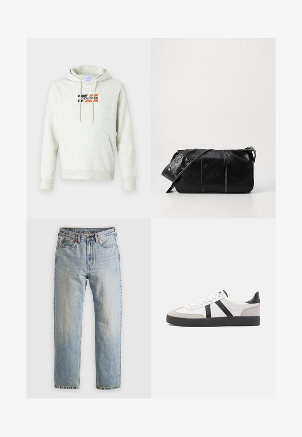 Light gray hoodie with a front pocket, drawstring hood, and printed "JACK & JONES" logo featuring black, orange, and red accents.; Light blue denim jeans with high waist, front button, zipper, and five-pocket design, laid flat on a neutral background.; White sneaker with black and gray accents, featuring a textured gray toe cap, black rubber sole, and flat white laces. Clean design, minimalist style.; Black leather shoulder bag with a zip closure, featuring a textured body, white stitching, and a strap with silver grommets.