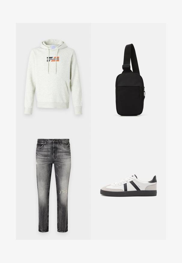 Helle graue Kapuzenjacke mit einer Fronttasche, Kordelzugkapuze und bedrucktem "JACK & JONES"-Logo mit schwarzen, orangen und roten Akzenten.; Ausgewaschene schwarze Jeans mit geradem Schnitt, die abgenutzte Stellen, vordere Taschen und einen klassischen Knopfverschluss aufweisen.; Weiße Sneaker mit schwarz- und grau-aczenten, ausgestattet mit einer strukturierten grauen Zehenkappe, schwarzer Gummi-Sohle und flachen weißen Schnürsenkeln. Sauberes Design, minimalistische Stil.; Schwarze Umhängetasche aus robustem Gewebe, mit einem verstellbaren Tragegurt, einem Reißverschluss-Hauptfach und einer Fronttasche.
