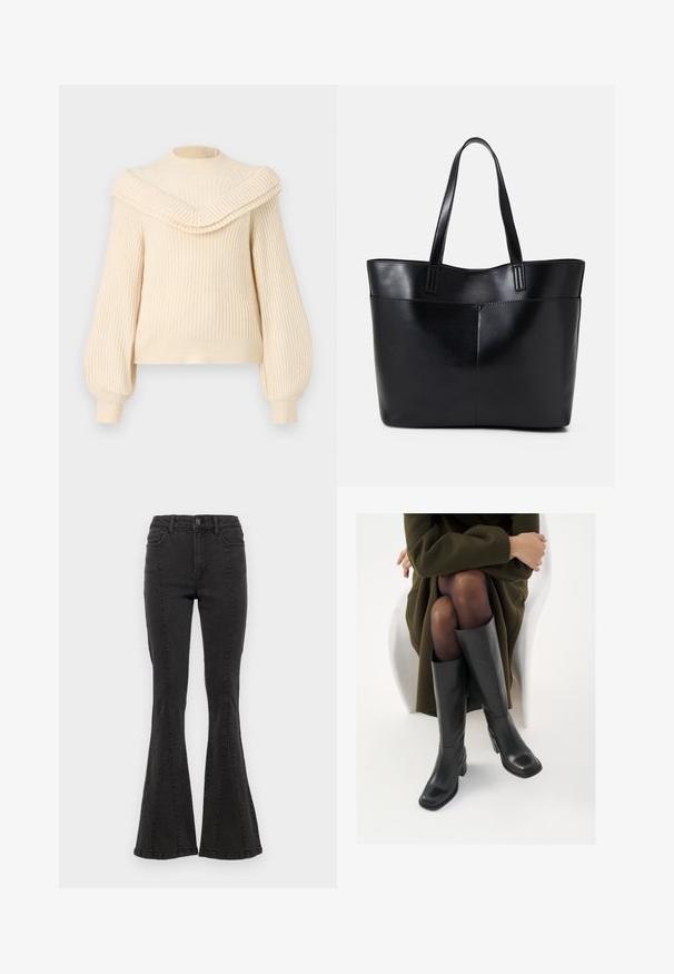 VILA VIBOOBA FRILL - Πουλόβερ - birch; Μαύρα τζιν φαρδιά με ψηλή μέση, με πλευρικές ραφές και καθαρό φινίρισμα στο τελείωμα. Το ύφασμα έχει λεία υφή με ελαφριά ελαστικότητα.; Μαύρες δερμάτινες μπότες έως το γόνατο με τετράγωνη μύτη και τετράγωνο τακούνι, παρουσιασμένες με ένα μοντέλο καθιστό σε ένα ελαιόλαδο πράσινο παλτό. Λείος υφής, ελάχιστη λεπτομέρεια.; Μαύρη δερμάτινη τσάντα tote με δύο μακριούς ιμάντες, λεία υφή και δομημένο σχήμα. Διαθέτει μπροστινή τσέπη για επιπλέον αποθήκευση.