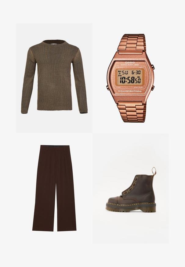 Hnedý a čierny pruhovaný sveter s dlhým rukávom, oválnym výstrihom, ribbenou textúrou a rovnomerným zakončením. Vyrobený z mäkkej pleteniny.; Hnedé nohavice s širokými nohavicami a plisovaním. Vyrobené z hladkej látky, s upraveným pásom a bočnými vreckami. Rovný lem na spodnej časti.; Hnedé kožené členkové topánky s okrúhlym špicom, kontrastným žltým prešívaním, dekoračnými kovovými očkami a drážkovanou gumovou podrážkou.; Digitálne hodinky Casio s kovovým remienkom v ružovom zlate, obdĺžnikovým puzdrom, osvetleným displejom a vodoodolnosťou, zobrazuje čas a dátum.