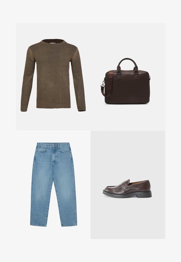 Sweater de manga larga a rayas marrones y negras con cuello redondo, textura acanalada y dobladillo recto. Hecho de un material suave y de punto.; Pantalones vaqueros de mezclilla azul claro con corte de pierna recta, diseño de cinco bolsillos y textura ligeramente desgastada. Cuentan con cierre de botón y cremallera.; Mocasines de cuero marrón con un acabado suave, puntera redonda, costuras mínimas y una suela de goma negra gruesa. Sin herrajes o acentos visibles.; Bolso de cuero marrón para portátil con una superficie texturizada, dos asas superiores, correa ajustable y dos hebillas en el frente para un detalle adicional.