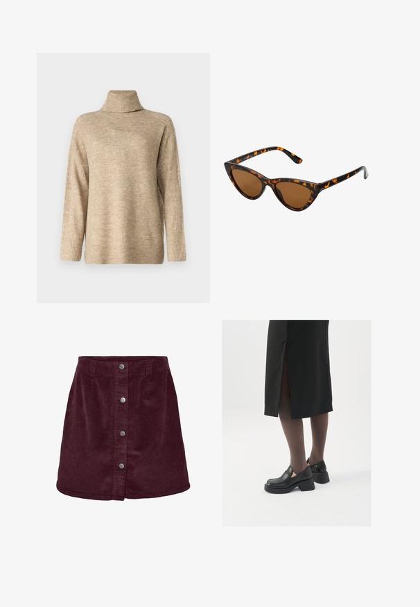 Vero Moda VMJUPITER HIGHNECK - Džemper - silver mink; Burgundia kautraka mini seelik A-laiusega, millel on viis hõbedast nööpi ees ja peen ribakonstruktsioon.; Mustad mustad jalatsid ümmarguse varbaga, paksu plokkniidi ja elastsete külgdetailidega, kombineeritud tumedate sukkade ja musta lõhikuga seelikuga.; Kassi vormiga prillid musta ja oranži kilpkonnakujulise raami, pruunide läätsede ja elegantsete teravate otstega. Templi juures on minimaalne logo.