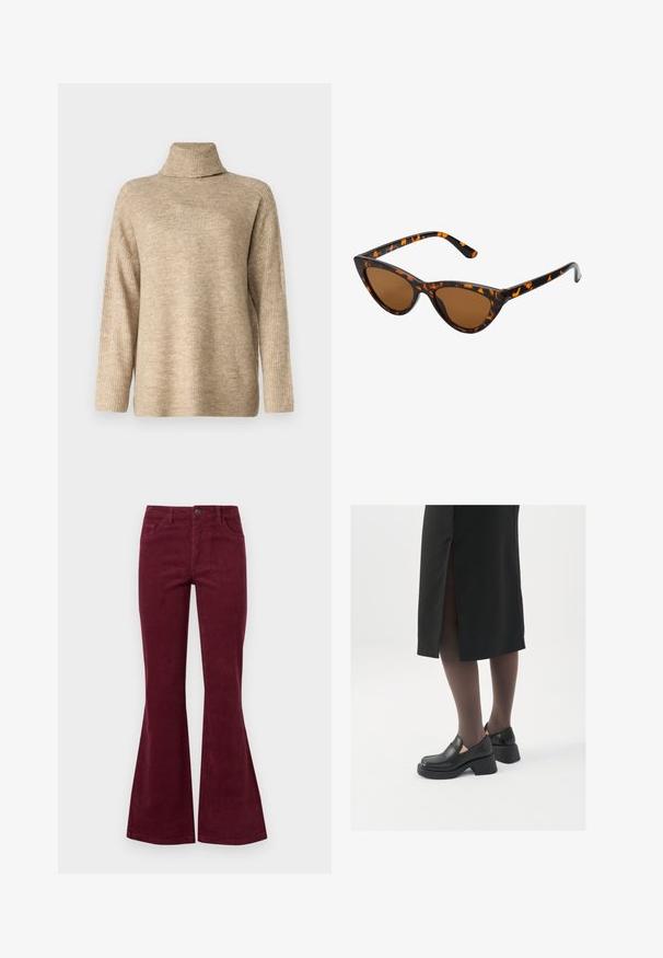 Vero Moda VMJUPITER HIGHNECK - Maglione - silver mink; Jeans in velluto a coste color bordeaux a gamba svasata con cinque tasche, chiusura anteriore con bottone e tessuto texturizzato. Le svasature si estendono dal ginocchio all'orlo.; Scarpe in pelle nera con punta arrotondata, tacco spesso a blocco e accenti laterali in elastico, abbinate a collant scuri e una gonna nera con uno spacco.; Occhiali da sole cat-eye con una montatura tartarugata nera e arancione, lenti marroni e punte affusolate e eleganti. Presentano un logo minimale sulla asta.