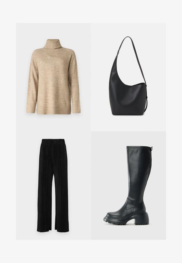 Vero Moda VMJUPITER HIGHNECK - Džemperis - silver mink; Juodi plisuoti kelnės su elastine juosta. Turėkite plačias kojas ir glotnų, tekstūrinį audinį su vertikaliais dryžiais.; Ilgas juodos odinės batai su masyvi platforma ir stačiakampiu kulnu, turintys traukimo kilpą ir tekstūruotą pado raštą.; Juodas odinis hobo maišas su lygiu paviršiumi, kreipta forma ir viena reguliuojama rankena; turi platų atidarymą viršuje.