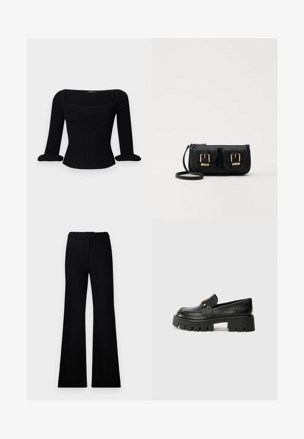 Must mustriba pika varrukaga topp, millel on ruudukujuline kaelus ja volditud äärted. Kanga tekstuur on sile ja siluett on keha ümber voolav.; Mustad flared püksid, millel on sile tekstuur, kohandatud vöökoht ja ees olevad taskud, kujundatud laisa, modernse siluetiga.; Mustast nahkfrontaalid, millel on paks tald, esiosas kullatooni aksent ja sile viimistlus. Talse paksu mustriga disain.; Must küllastamata nahast õlakott, millel on kaks esist nähtavat taskut, kuldsed pandlad, tõmblukuga sulgemine ja peen rihm. Tekstuuriga pind ja kompaktne ristkülikukujuline kuju.