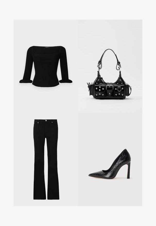 Haut à manches longues noir à côtes avec un décolleté carré et des poignets roulés. Le tissu a une texture lisse et une silhouette ajustée.; Jean évasé noir en denim, avec deux poches avant, une fermeture à bouton et une texture lisse. Couture signature visible aux coutures.; Escarpin noir à bout pointu avec texture en cuir de crocodile, présentant un design élégant, un haut talon aiguille et un intérieur noir lisse.; Sac à main en cuir noir au design courbé, avec des clous en argent, une boucle et deux poches latérales. Bandoulière réglable pour différentes options de transport.