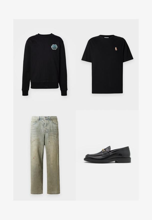 Felpa nera con collo a giro, maniche lunghe e logo ricamato testurizzato in verde e bianco sul petto. Tessuto morbido.; Maglietta nera a maniche corte con colletto tondo, con un piccolo logo ricamato di una volpe arancione a sinistra sul petto.; Jeans in denim strappato di colore verde chiaro, con gamba dritta, design a cinque tasche, sbiaditure irregolari e schizzi di vernice.; Mocassini in pelle nera con punta rotonda, dotati di accentuazione in metallo dorato e dettagli di cucitura, posizionati su una suola in gomma testurizzata bassa.