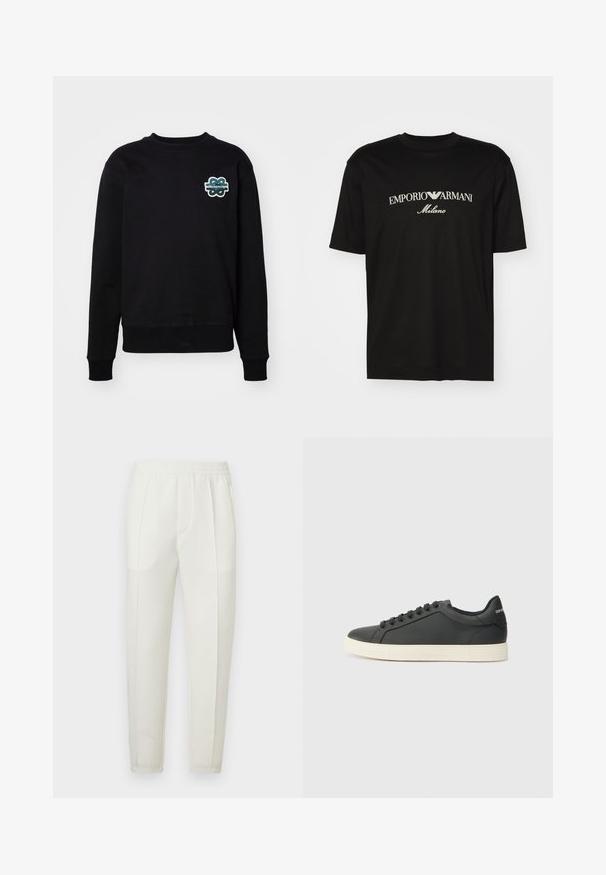 Sudadera negra con cuello redondo, mangas largas y un logotipo bordado texturizado en verde y blanco en el pecho. Tejido suave.; Camiseta de algodón negra con cuello redondo, mangas cortas y el logo de "EMPORIO ARMANI" en blanco sobre "Milano" en un diseño curvado.; Pantalones blancos de corte ajustado con cintura elástica, que cuentan con dos bolsillos laterales y una textura suave y ligeramente brillante.; Zapatilla negra de cuero con perfil bajo, punta redondeada y cierre de cordones; cuenta con una suela de goma texturizada y detalle del logo en el talón.