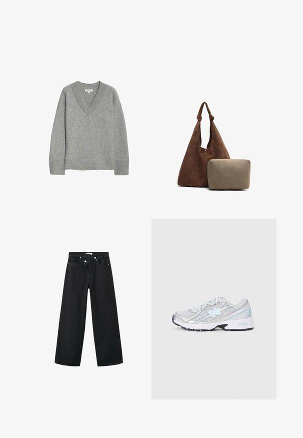 Šedý žebrovaný svetr s V-vykrojením, dlouhými rukávy a rovním lemem. Vyrobeno z měkkého materiálu, s jemnou texturou a detailem.; Kostkovaná flanelová košile v námořnické modré, krémové a béžové. Má límec, zapínání na knoflíky, dlouhé rukávy a jednu náprsní kapsu. Měkká textura.; Černé džíny s vysokým pasem a širokými nohavicemi, pět kapsami a stříbrným kovovým zapínáním vpředu.; Bílé a stříbrné sportovní tenisky s světle modrým logem "N", síťovanými vrstvami a bílými tkaničkami na světle šedém pozadí.; Hnědá semišová taška přes rameno s uzlovým popruhem, obsahující malou béžovou zipovou kapsičku. Taška má měkkou texturu a jednoduchý design.