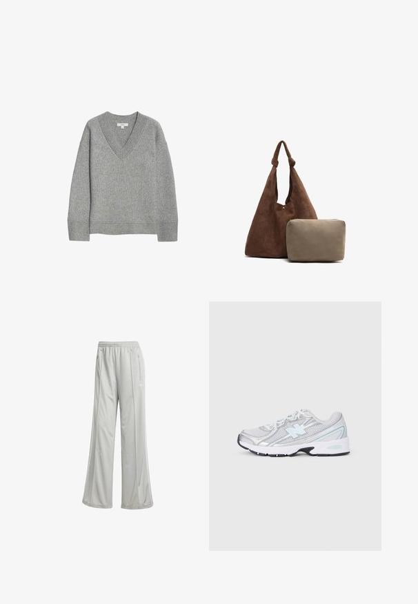 Maglione grigio a costine con scollo a V, maniche lunghe e orlo dritto. Realizzato in materiale morbido, presenta una sottile texture e dettagli.; Camicia di flanella a quadri nei colori blu navy, crema e beige. Caratterizzata da un colletto, chiusura con bottoni, maniche lunghe e una singola tasca sul petto. Texture morbida.; Pantaloni sportivi grigio chiaro con una vestibilità ampia, realizzati in un tessuto sintetico liscio. Presentano un elastico in vita e tasche laterali con zip.; Sneaker atletica bianca e argento con logo "N" blu chiaro, strati in rete e lacci bianchi su uno sfondo grigio chiaro.; Borsa a spalla in suede marrone con una tracolla annodata, dotata di una piccola pochette beige con cerniera. La borsa ha una texture morbida e un design semplice.