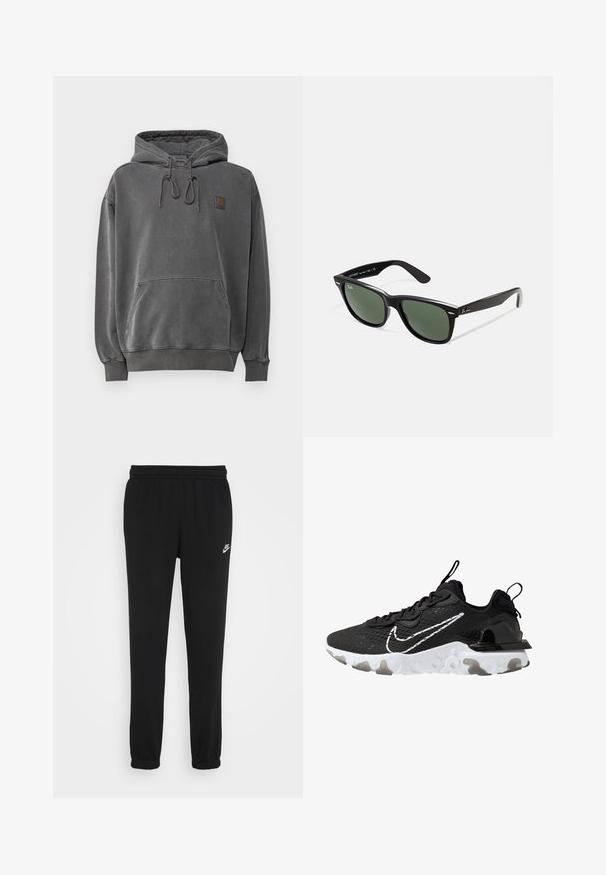 Sudadera gris con un bolsillo frontal, cordones ajustables y un pequeño parche de logo. Textura suave y corte relajado, con puños y dobladillo acanalados.; Pantalones de chándal negros con una cintura elástica, tobillos ajustados y un pequeño logo blanco de Nike en el lado izquierdo. Hechos de una tela suave y texturizada.; Zapatilla deportiva negra con un upper de tela texturizada, swoosh blanco de Nike y suela blanca gruesa. Cuenta con un tirador en el talón para facilitar el uso.; Gafas de sol de plástico negro con lentes verdes, montura cuadrada, acento plateado en la ceja y brazos texturizados. Marca indicada en el brazo interno.