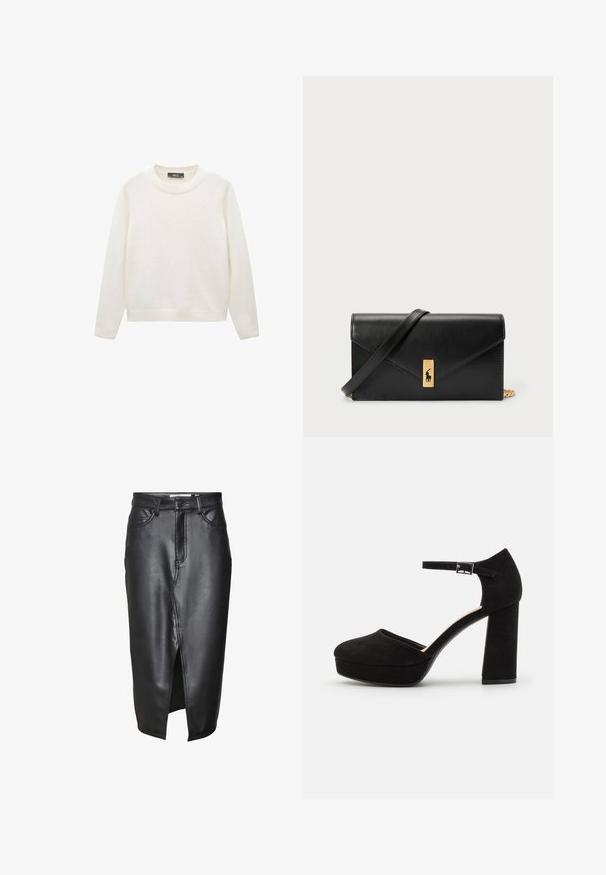 White sweater made of soft fabric, featuring a classic crew neck, long sleeves, and ribbed cuffs and hem. No patterns or accents visible.; Black leather skirt with a mid-length design, featuring a front slit, classic belt loops, and stitched detailing along the seams.; Black suede platform heels with a thick block heel, rounded toe, and ankle strap secured by a metal buckle. Smooth texture throughout.; Black leather wallet with a fold-over flap, gold hardware, featuring a logo accent. Includes a detachable strap for carrying.