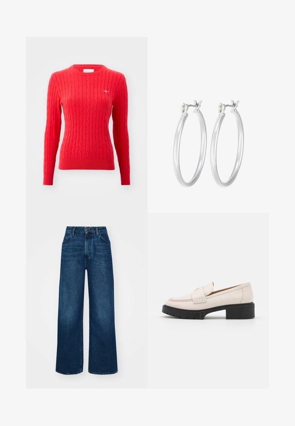 Rdeča pletena jopica z dolgimi rokavi, rebrastimi manšetami in robom, okroglim izrezom ter majhnim logotipom na prsih. Mehka tekstura.; Hlače z visokim pasom in širokimi nogavicami iz temno modrega denima z gladko teksturo, kontrastnim šivanjem in zasnovo s petimi žepi. Sprednje zapiranje na gumb.; Svetlo bež usnjeni loaferji z šivanim sprednjim delom in teksturiranim črnim podplatom. Imajo ukrivljen dizajn in drobno dvigovanje.; Srebrni obroči za ušesa z gladko, polirano površino. Okrogla oblika in varna zaponka s klikom. Lahka zasnova, primerna za vsakodnevno nošenje.