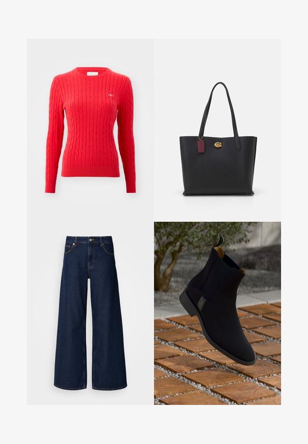 Red cable-knit sweater with long sleeves, ribbed cuffs and hem, round neckline, and a small logo detail on the chest. Soft texture.; Wide-leg dark blue denim jeans with a high waist, front pockets, and a button closure. Features contrast stitching and a smooth texture.; Black leather ankle boot with a smooth finish, yellow inner lining, and a pull tab; set against a textured wood and gravel surface.; Black leather tote bag with two long handles, textured finish, gold hardware, and a burgundy tag. Spacious design with an open top.