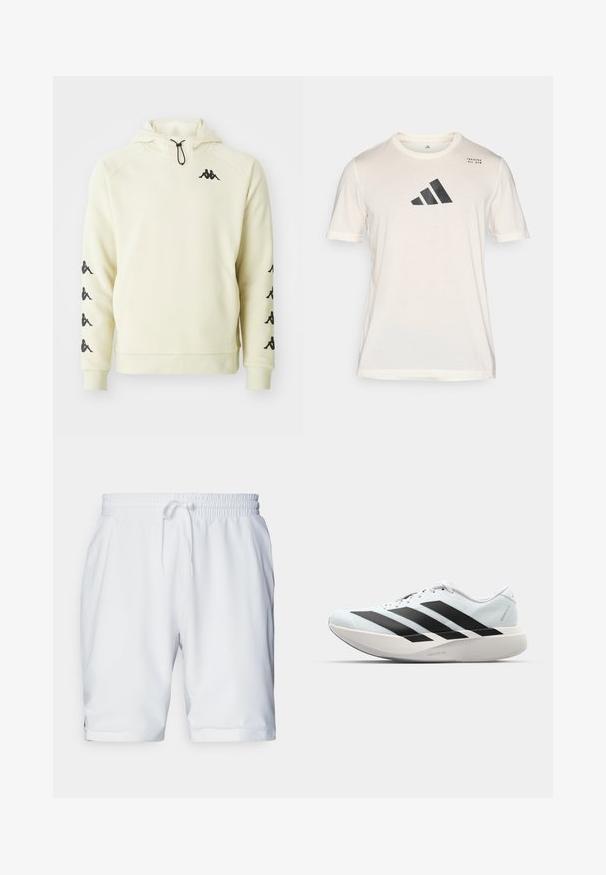 Sweatshirt Kappa na cor creme, com bolso frontal, logótipo preto no peito e múltiplos logótipos ao longo de ambas as mangas, com cordão ajustável na capuz.; adidas Performance T-shirt desportiva - chalk white; Calções atléticos brancos com um cós elástico e cordão ajustável. Tecido suave com uma textura subtil, apresentando bolso laterais.; Tênis de corrida leves em azul pálido com riscas pretas. Apresentam um cabedal liso, bico redondo e uma entressola espessa branca rotulada como "LIGHTSTRIKE PRO."