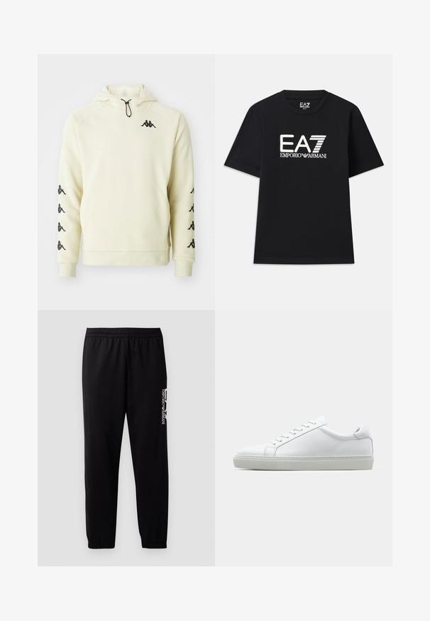 Hoodie Kappa de couleur crème avec poche avant, logo noir sur la poitrine et plusieurs logos le long des deux manches, avec cordon de serrage ajustable pour la capuche.; T-shirt noir en coton, avec un col rond et des manches courtes. Logo brodé "EA7 EMPORIO ARMANI" en blanc sur le devant.; Pantalons de sport noirs en tissu lisse, avec une taille élastique et des poignets, et un logo contrastant imprimé sur le côté.; Sneaker blanche avec une tige en cuir lisse et un profil bas. Présente un bout arrondi, six œillets et une semelle en caoutchouc texturé.