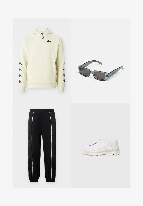 Cream-colored Kappa hoodie with front pocket, black logo on chest and multiple logos down both sleeves, with adjustable hood drawstring.; Black sweatpants with white side stripes, elastic waistband, and cuffs. Made from soft, textured fabric for comfort and flexibility.; White athletic shoe with textured mesh upper, reflective accents, and a cushioned sole. Notable brand logo on the side.; Santa Cruz INFERNO UNISEX - Sunglasses - crystal black