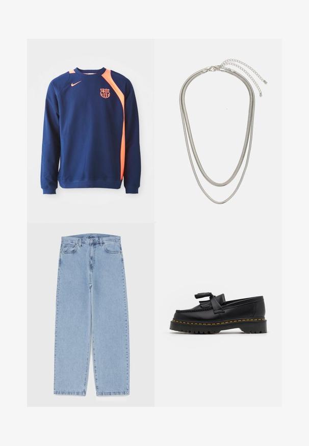 Námornícky modrý sveter s dlhými rukávmi, s oranžovými akcentmi na pleciach a výstrihu. Na hrudi zobrazuje logo klubu.; Svetlomodré denimové džínsy s rovnými nohavicami, s polovysokým pásom, piatimi vreckami a zapínaním na gombík a zips.; Čierne kožené loafre s detailom na strapcoch, s masívnou čiernou podrážkou a žltým prešitím pozdĺž okraja. S textúrovaným povrchom.; Trojvrstvový náhrdelník zo strieborného kovu s elegantnými, flexibilnými reťazami s jemným leskom, zabezpečený sponou typu langusta a nastaviteľným reťazcom.